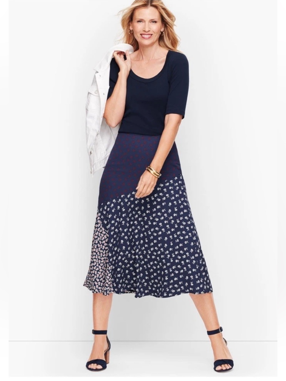 Talbots 2P Mixed Floral Patchwork Midi Skirt Navy Cottagecore A-Line Boho